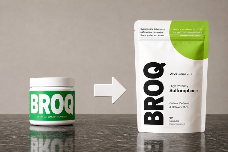 The original BROQ jar next to the new eco-friendly BROQ pouch.