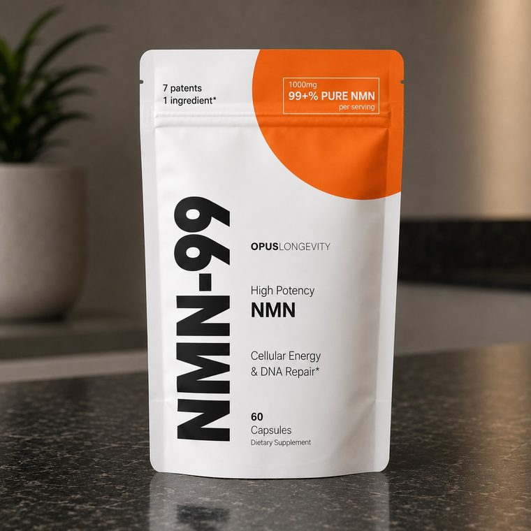 The NMN-99 pouch, white with an orange corner, on a dark stone counter.