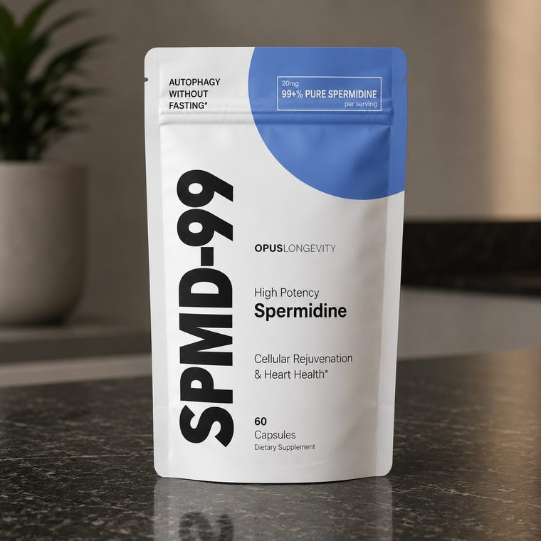 The SPMD-99 pouch, white with a blue corner, on a dark stone counter.