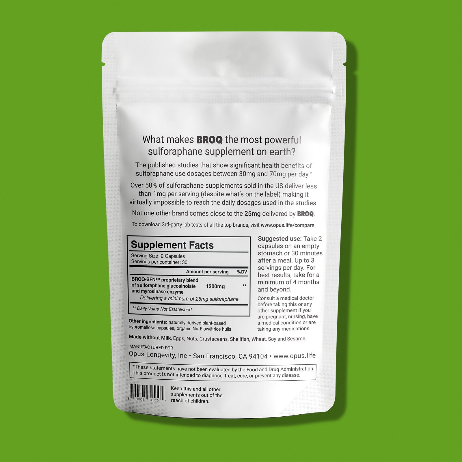 What makes BROQ the most powerful sulforaphane supplement on earth? Supplement Facts. The back of the BROQ pack lying flat on a lime green field, with its story, Supplement Facts panel, suggested use and small print.