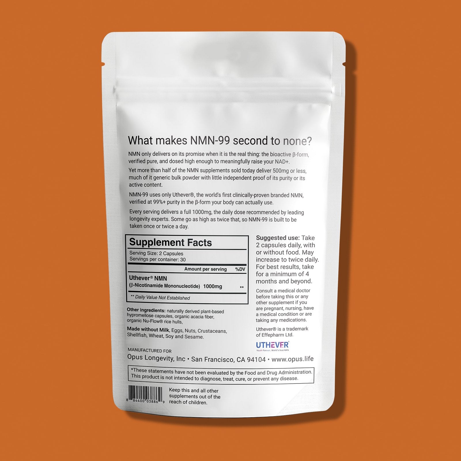 What makes NMN-99 second to none? Supplement Facts. The back of the NMN-99 pack lying flat on an orange field, with its story, Supplement Facts panel, suggested use and small print.