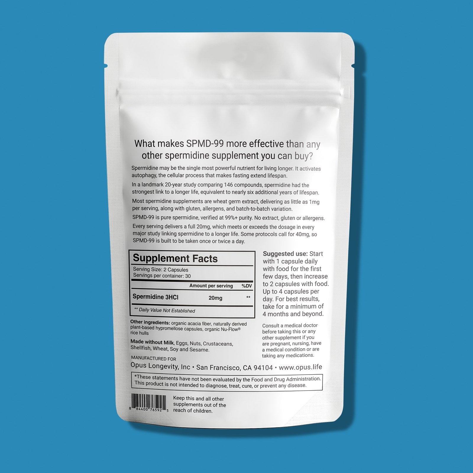 What makes SPMD-99 more effective than any other spermidine supplement you can buy? Supplement Facts. The back of the SPMD-99 pack lying flat on a blue field, with its story, Supplement Facts panel, suggested use and small print.