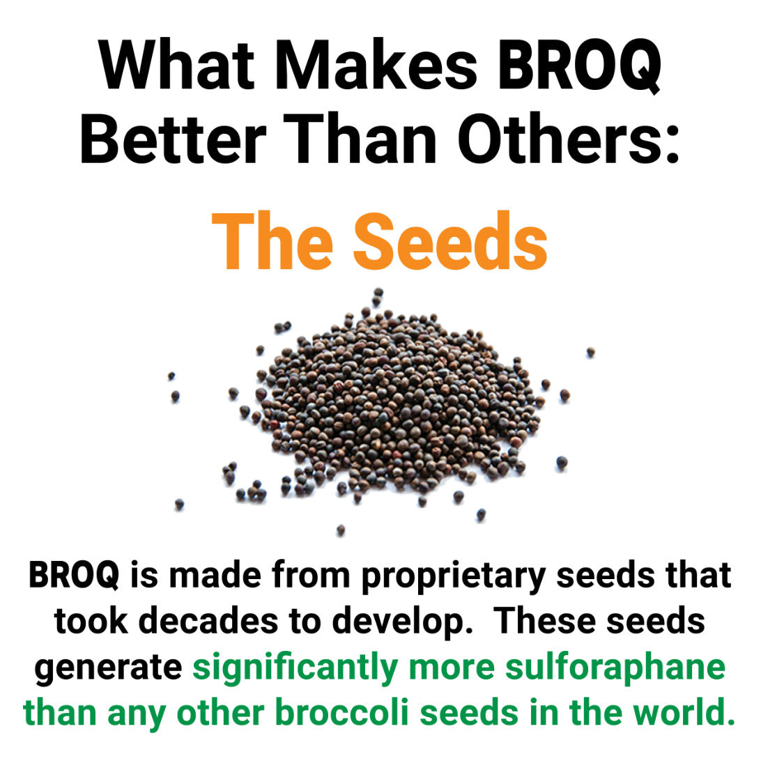 What Makes BROQ Better Than Others: The Seeds. BROQ is made from proprietary seeds that took decades to develop. These seeds generate significantly more sulforaphane than any other broccoli seeds in the world. A small pile of dark broccoli seeds on white.