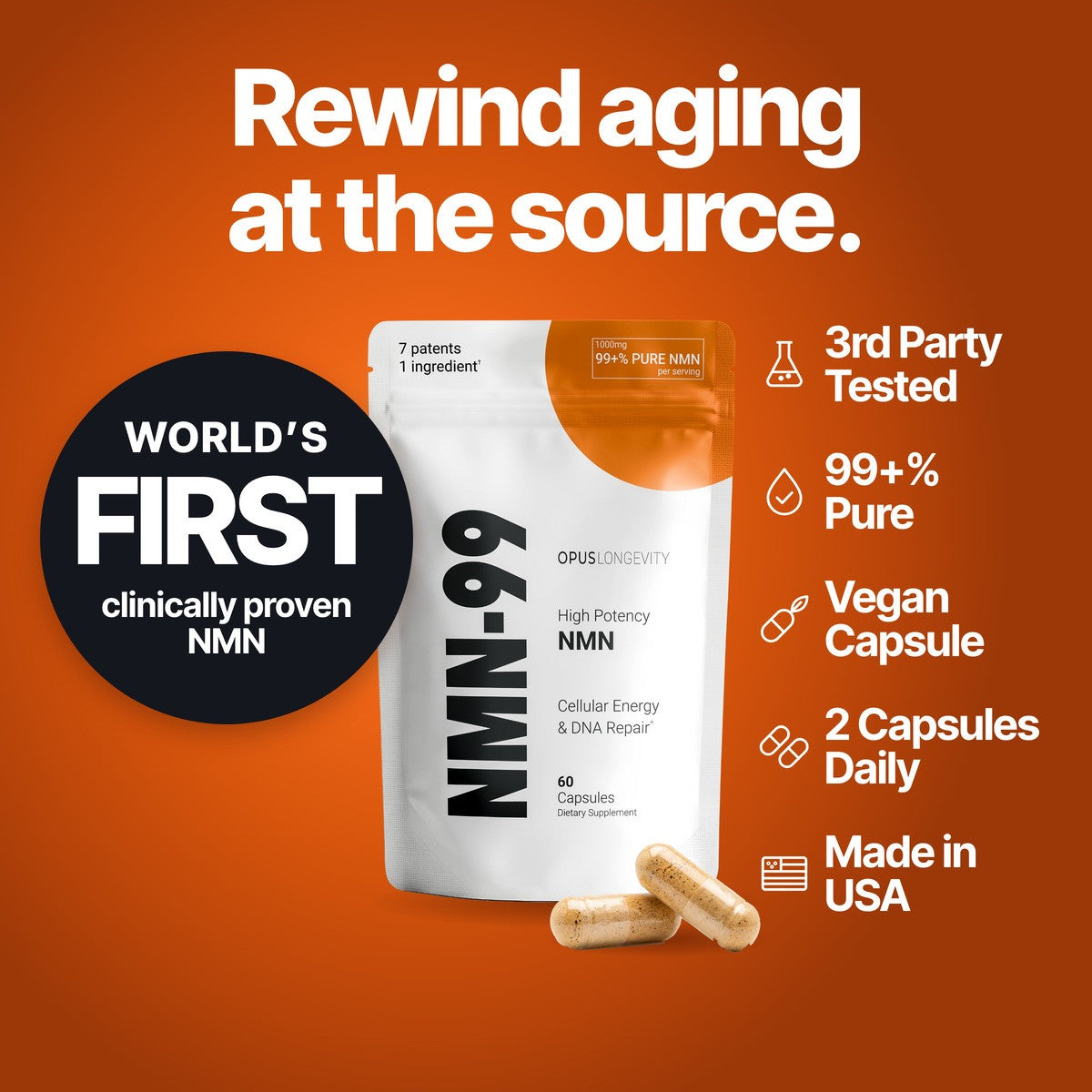 Rewind aging at the source. WORLD'S FIRST clinically proven NMN. 3rd Party Tested. 99+% Pure. Vegan Capsule. 2 Capsules Daily. Made in USA. NMN-99 pack and two capsules on orange, with a black circle and five icons.