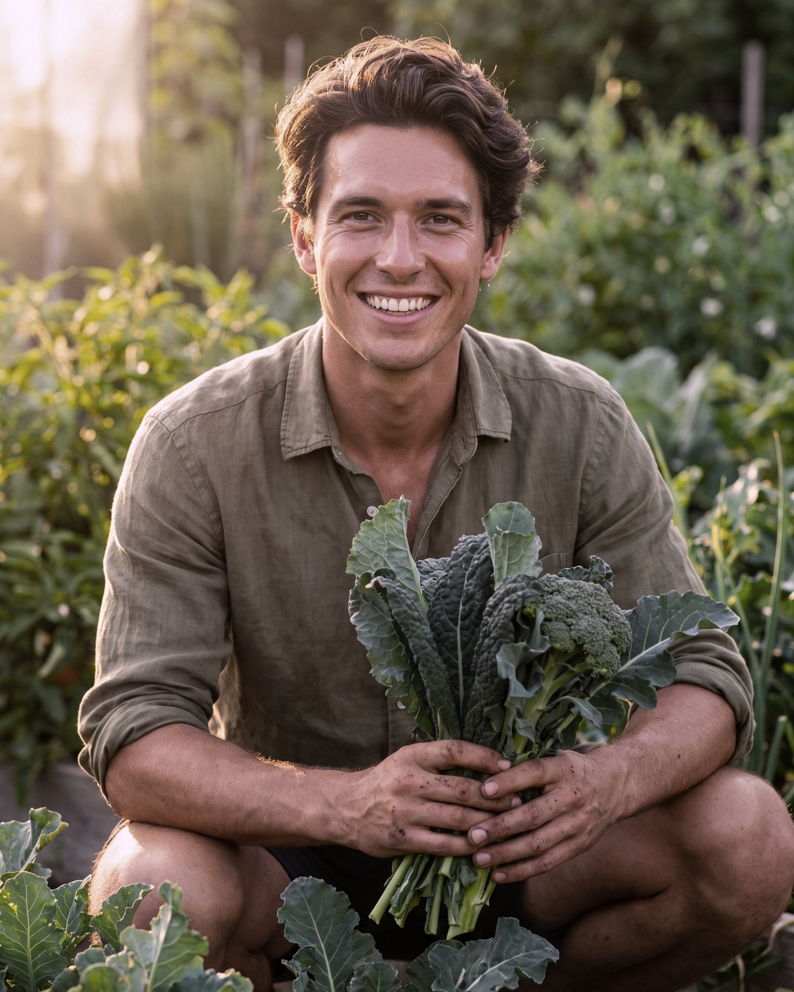 A man laughing as he kneels in a vegetable garden holding freshly picked kale and broccoli.
