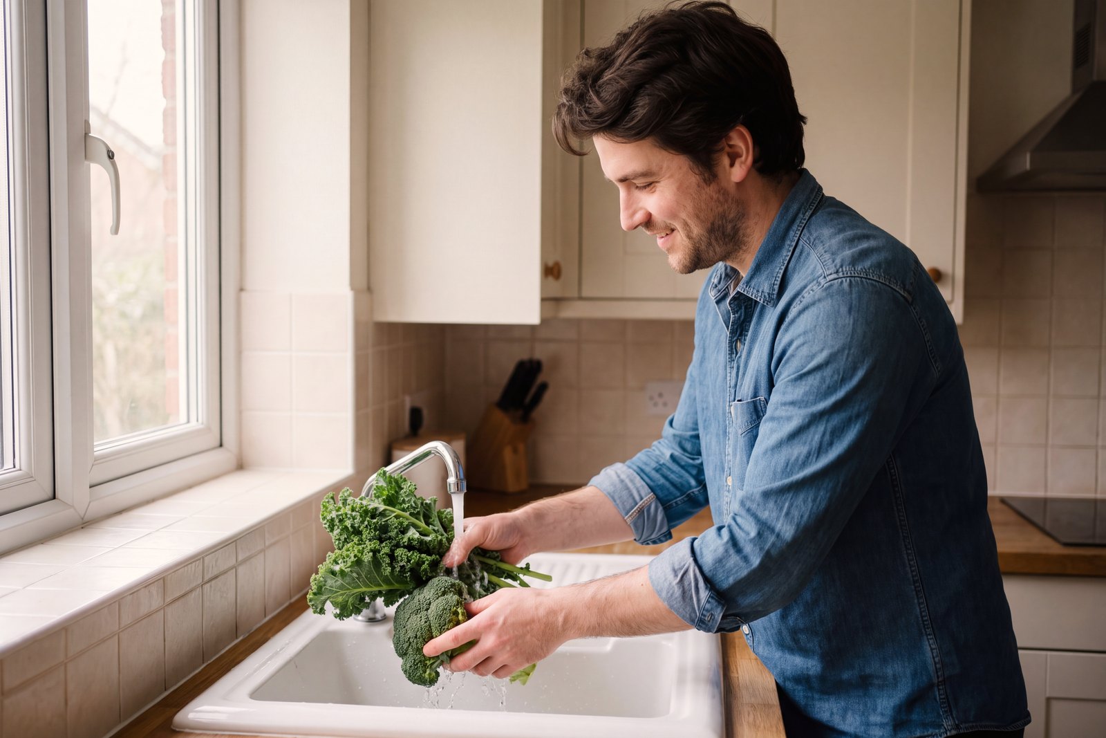 A man rinsing kale and broccoli under the tap at a kitchen sink.