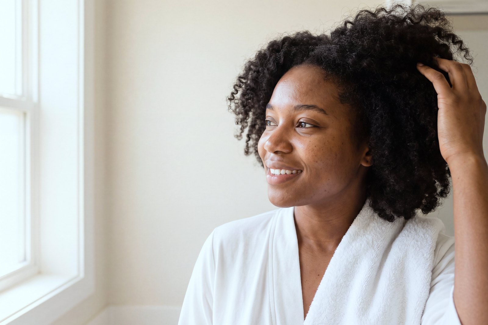 A woman smiling by a bright window, running a hand through her curls.