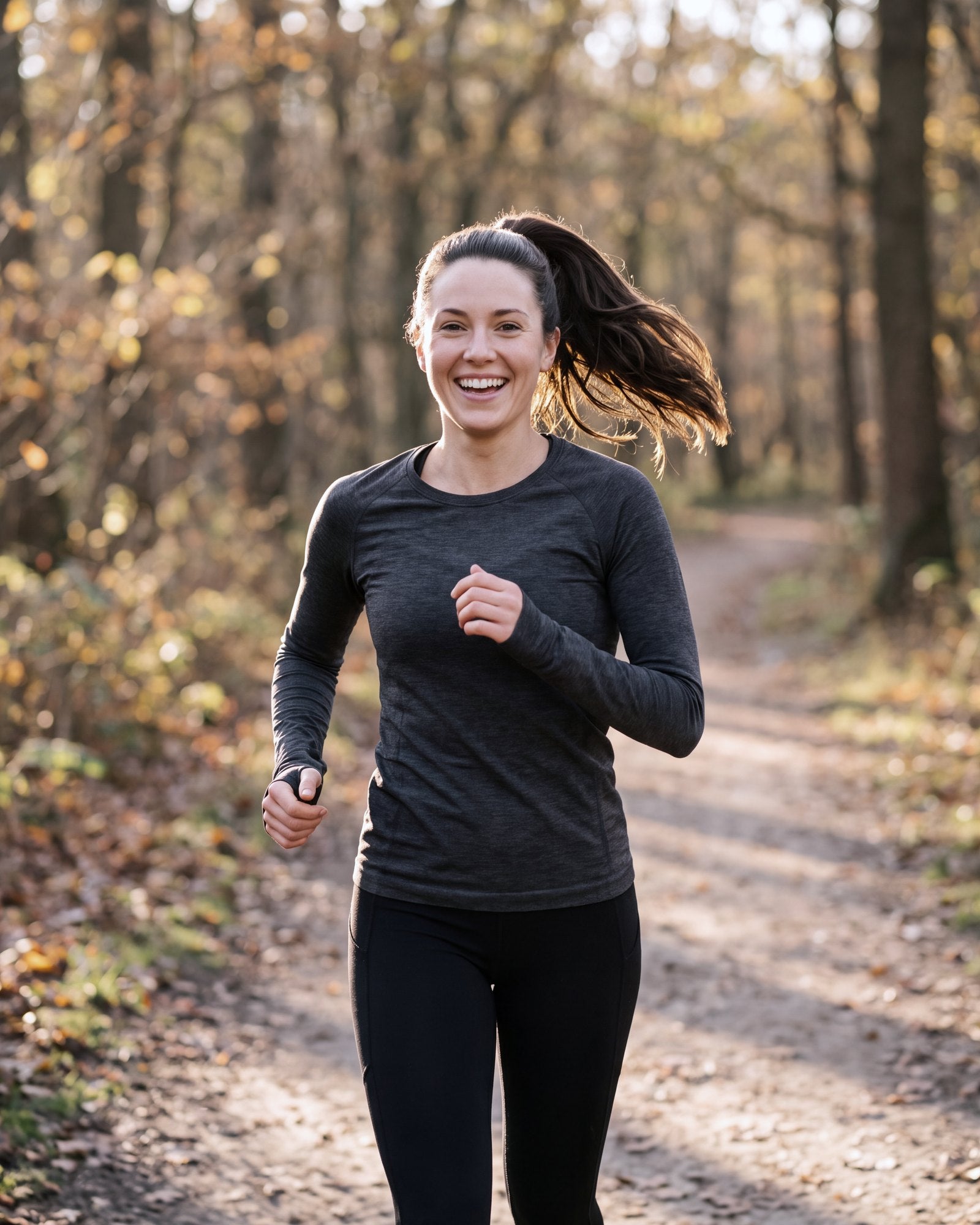 A woman running toward the camera on an autumn woodland trail, laughing.