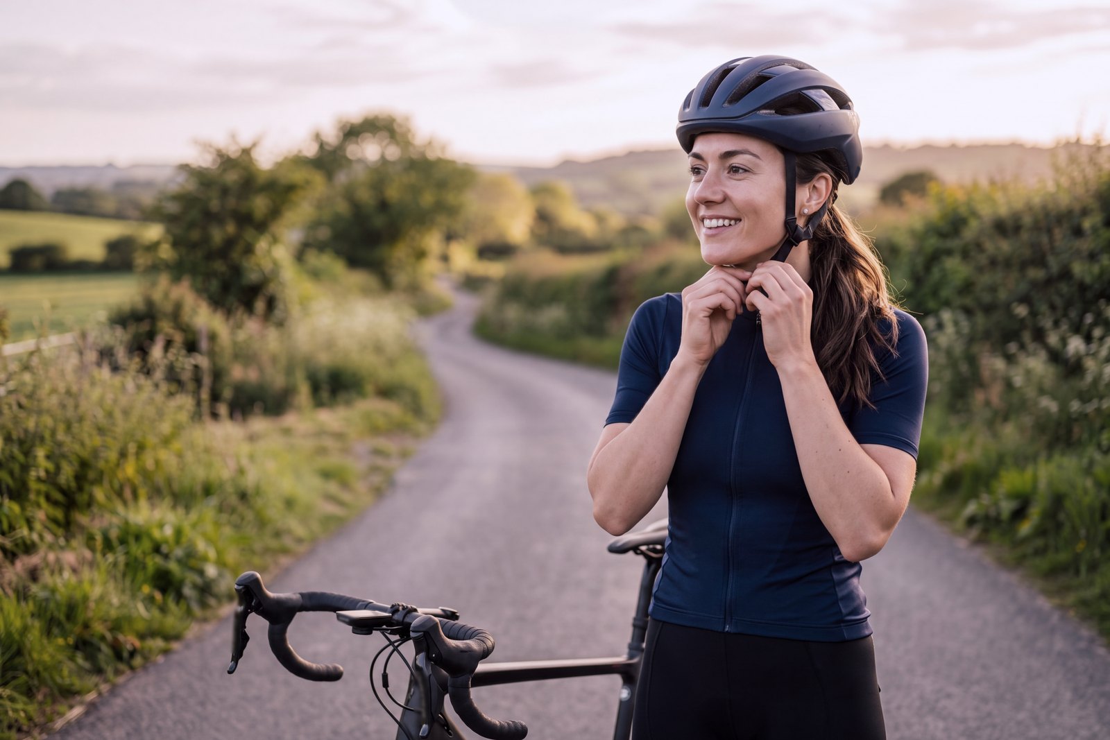 A woman in a navy cycling jersey smiling as she unclips her helmet beside her road bike on a quiet country lane.
