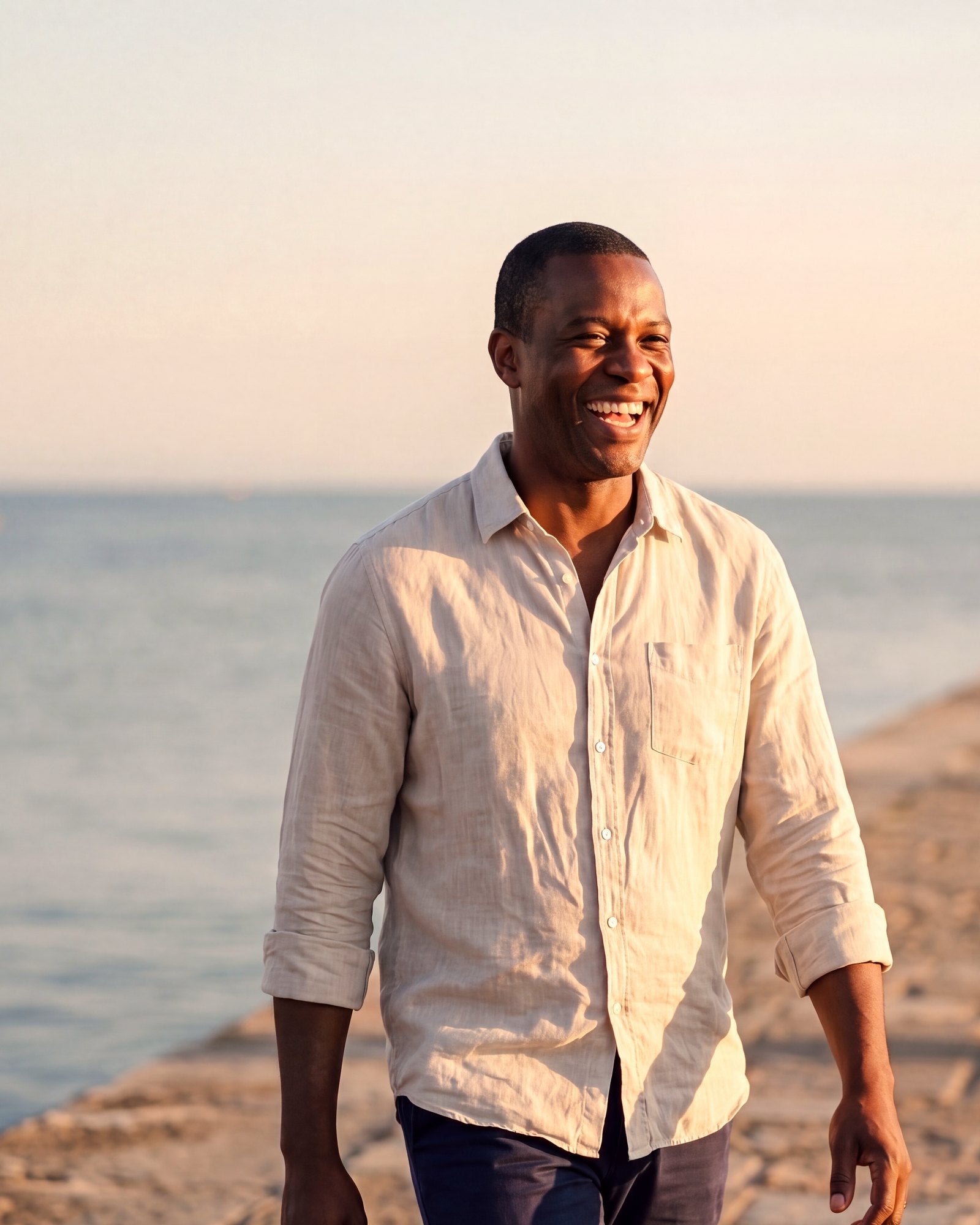 A man laughing as he walks along a stone harbour waterfront at golden hour.