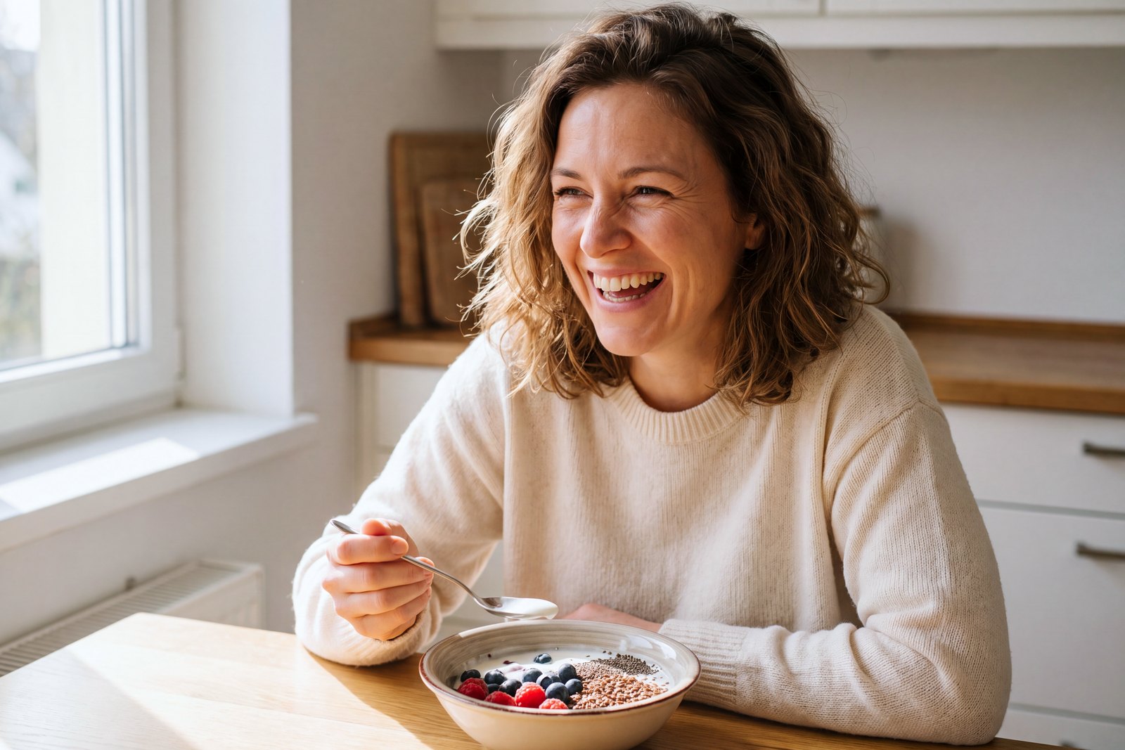 A woman laughing at a sunlit kitchen table over a breakfast bowl of yogurt, berries and seeds.
