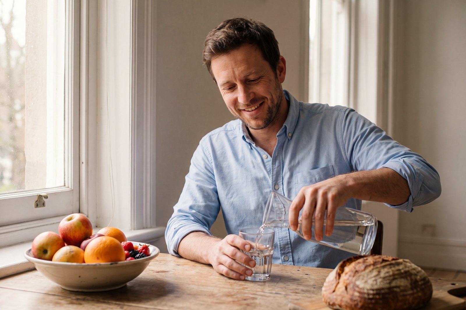 A man pouring water from a glass carafe at a wooden table set with fruit and bread.