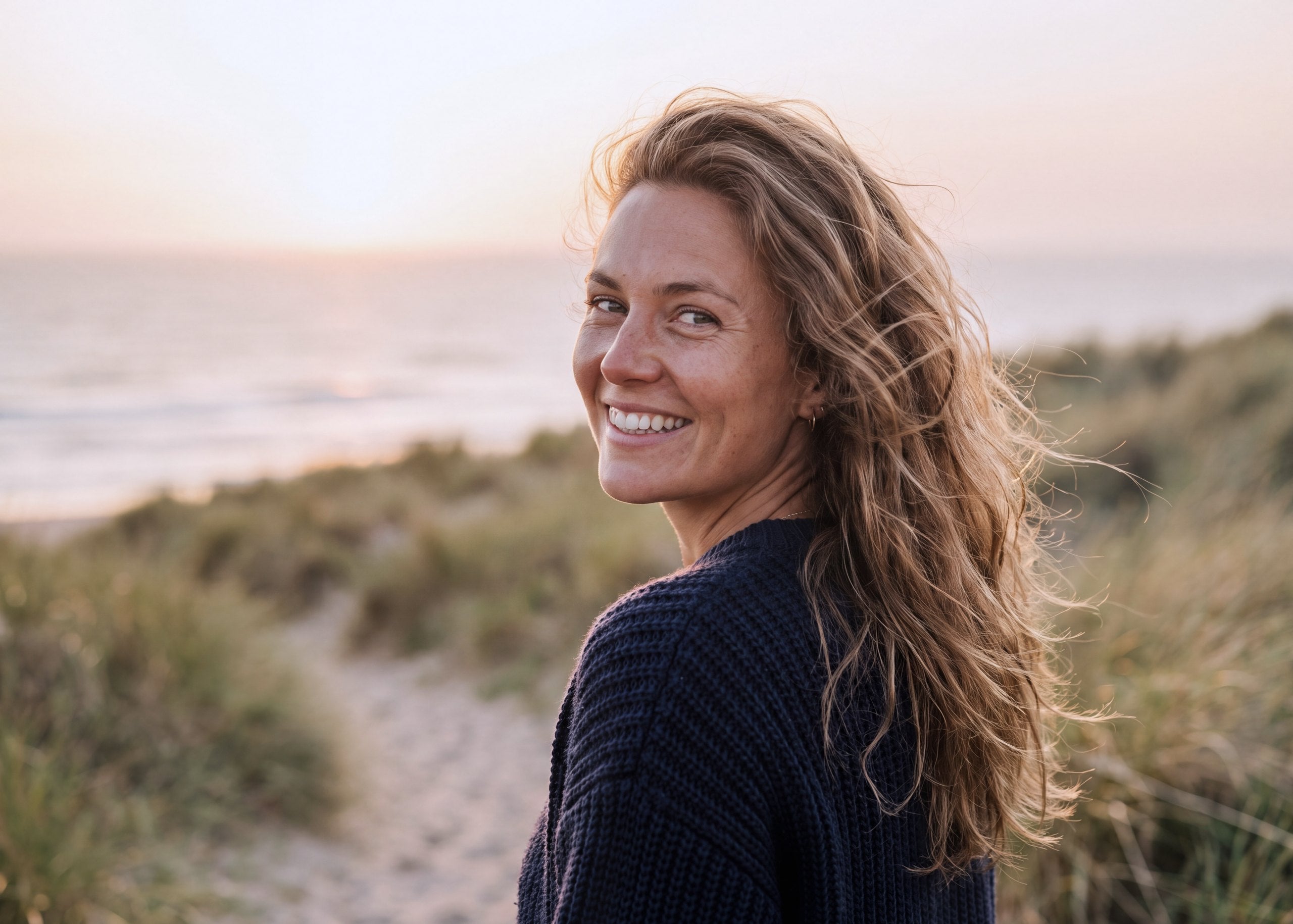 A woman with windswept hair in a navy knit sweater, smiling back over her shoulder on a sandy path through the dunes, the sea behind her in low evening sun.
