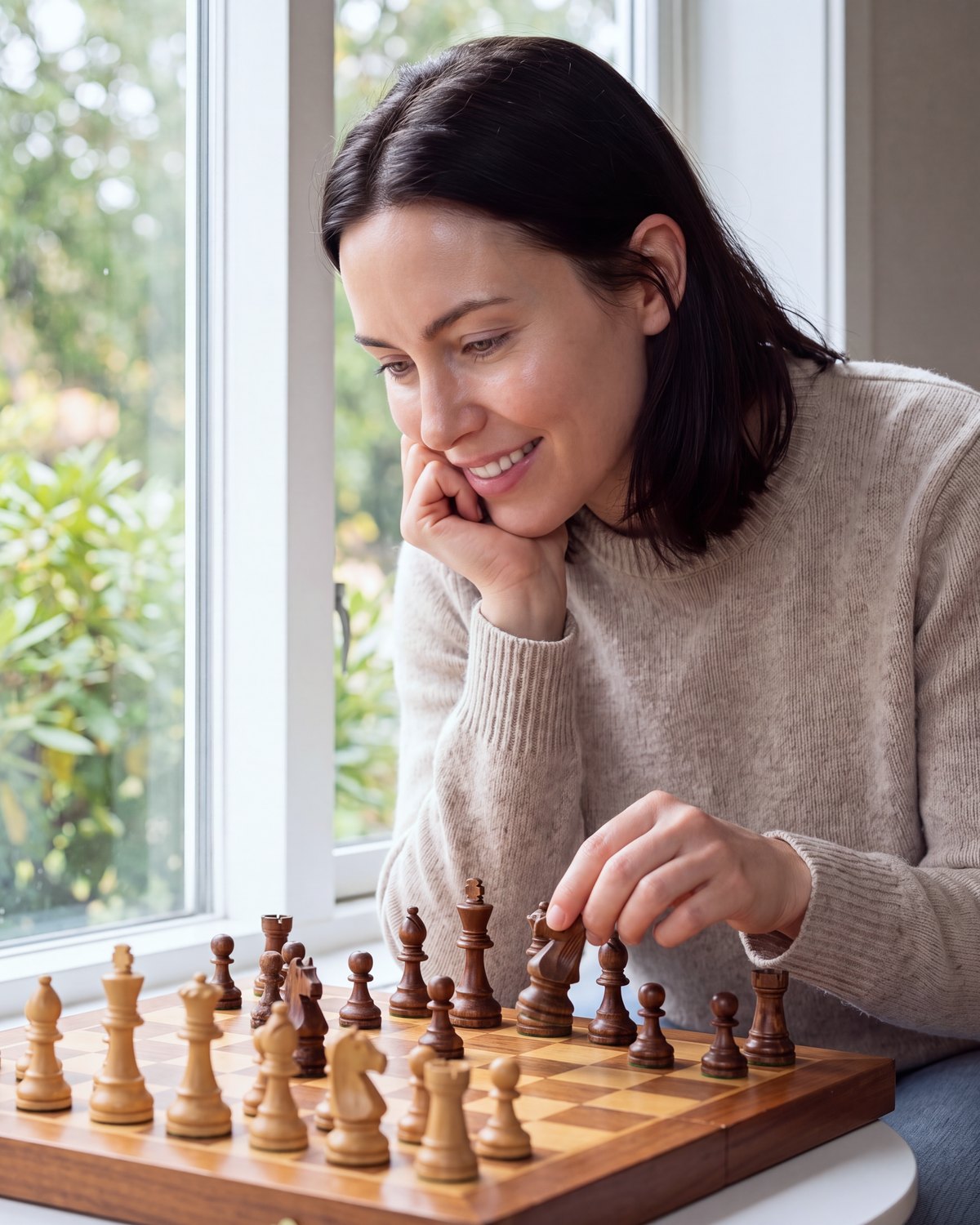 A woman at a sunny window smiling as she moves a piece in a game of chess.