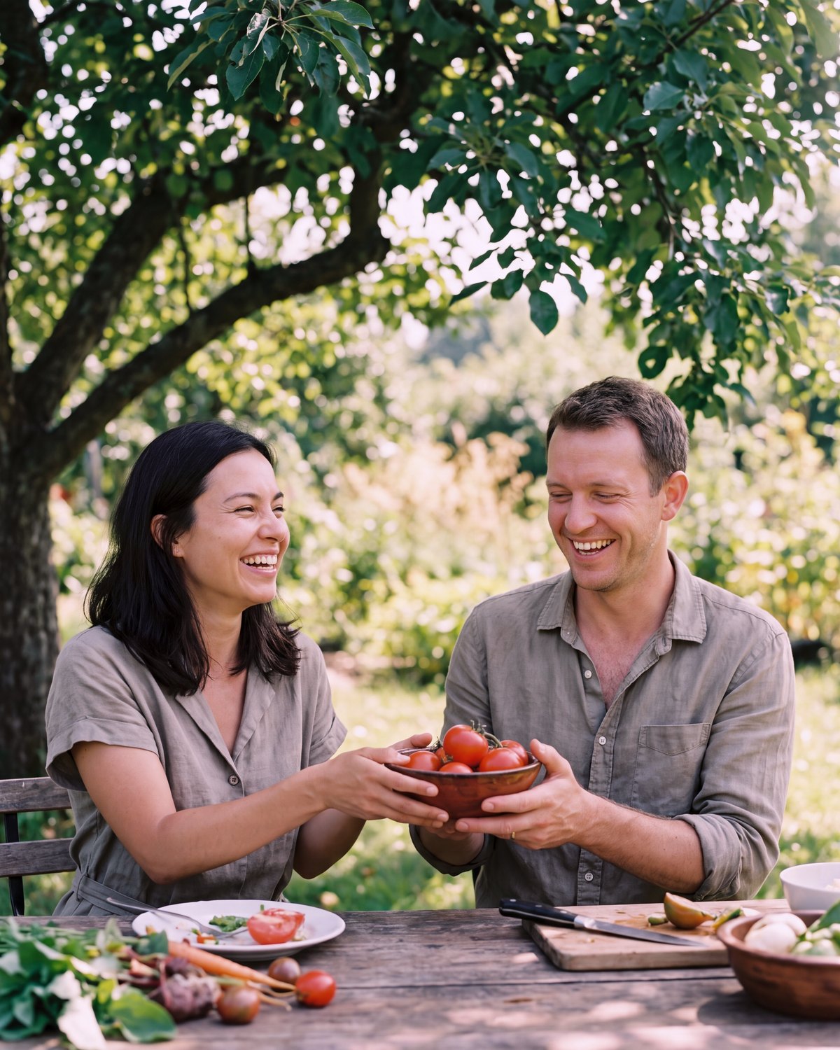 A woman and a man laughing as they pass a bowl of tomatoes across a garden table in the shade of a tree.