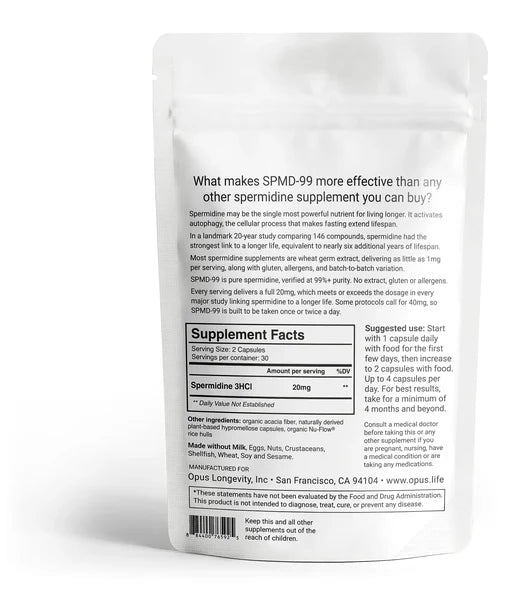 Back of the SPMD-99 package showing Supplement Facts: 2 capsules per serving, 30 servings, 20 mg spermidine 3HCl