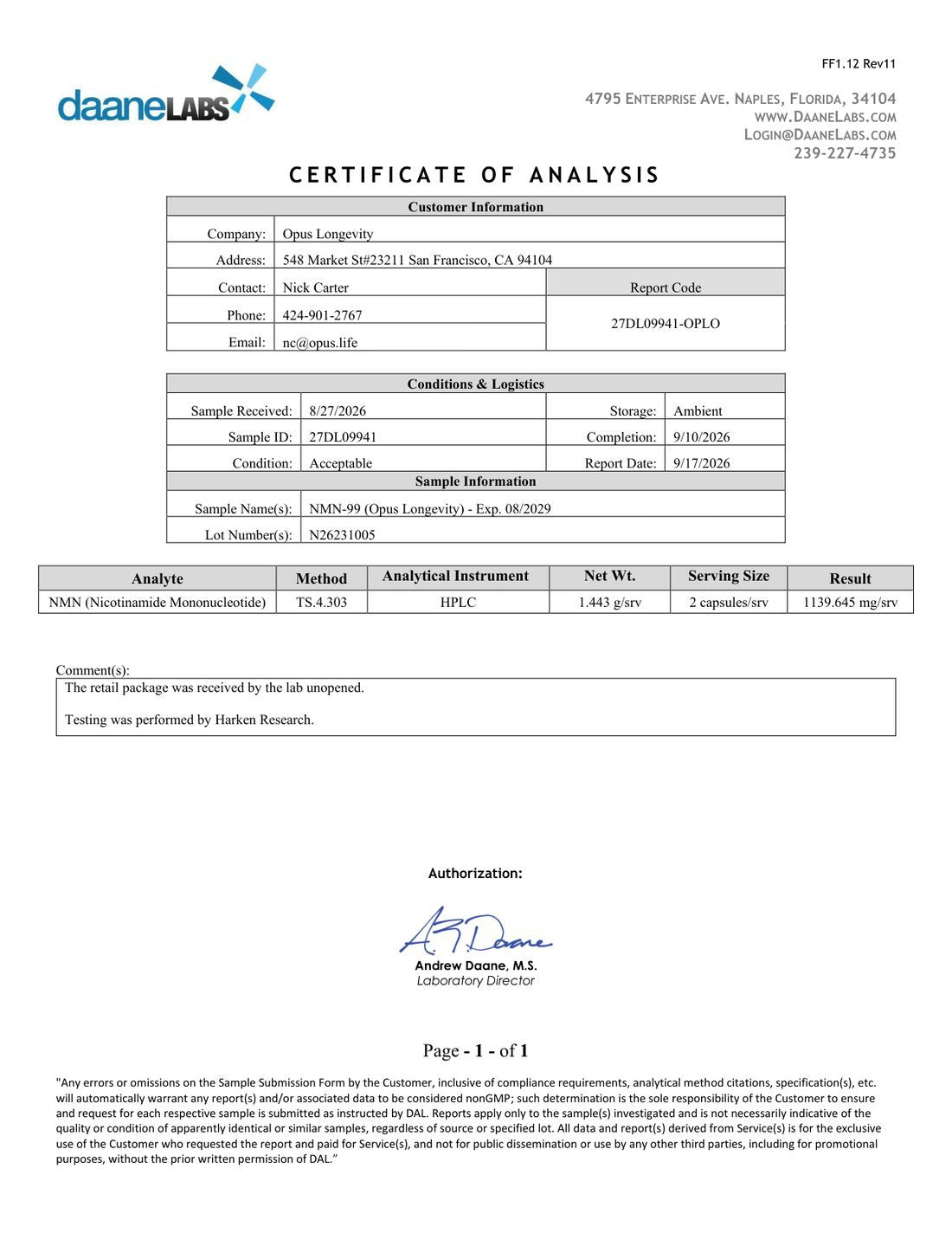Lab reports for BROQ, NMN-99 and SPMD-99 | Opus Longevity
