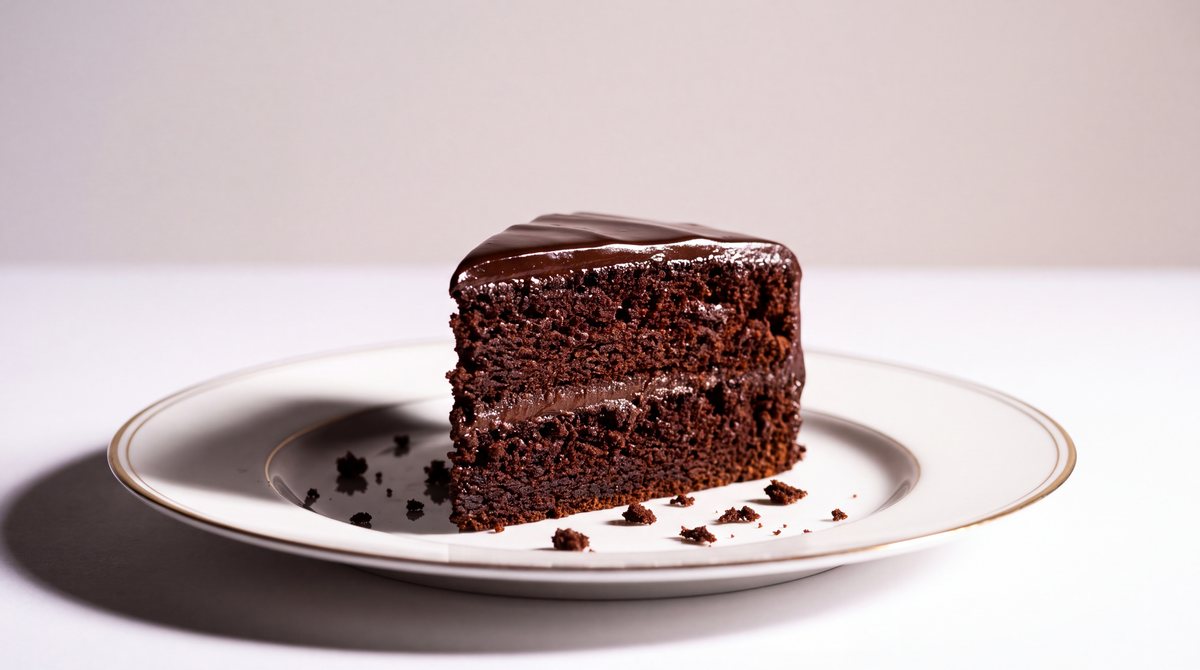 A slice of dark chocolate layer cake on a white plate, lit hard from the side