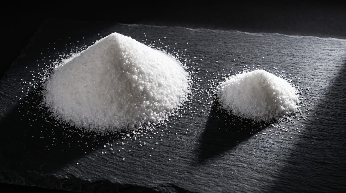 Two heaps of fine white crystalline powder on dark slate: the full studied dose beside a much smaller typical one