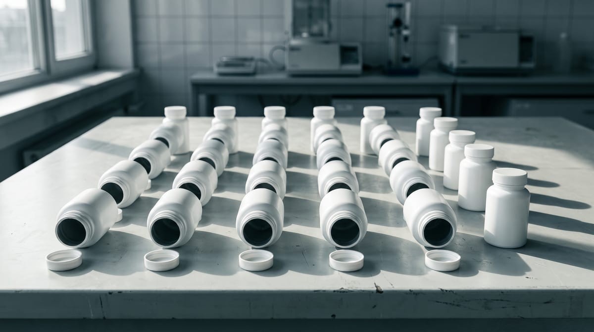 Rows of identical unlabeled white supplement bottles on a lab bench, most toppled and empty, a few still standing full