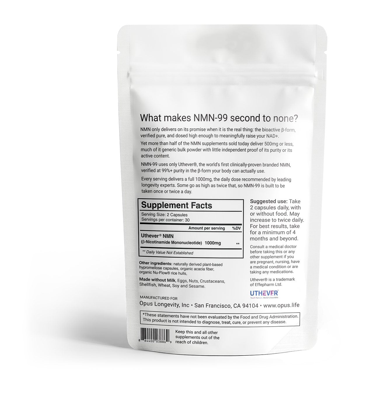 Back of the NMN-99 package showing the Supplement Facts panel: 2 capsules per serving, 30 servings, Uthever NMN 1000 mg