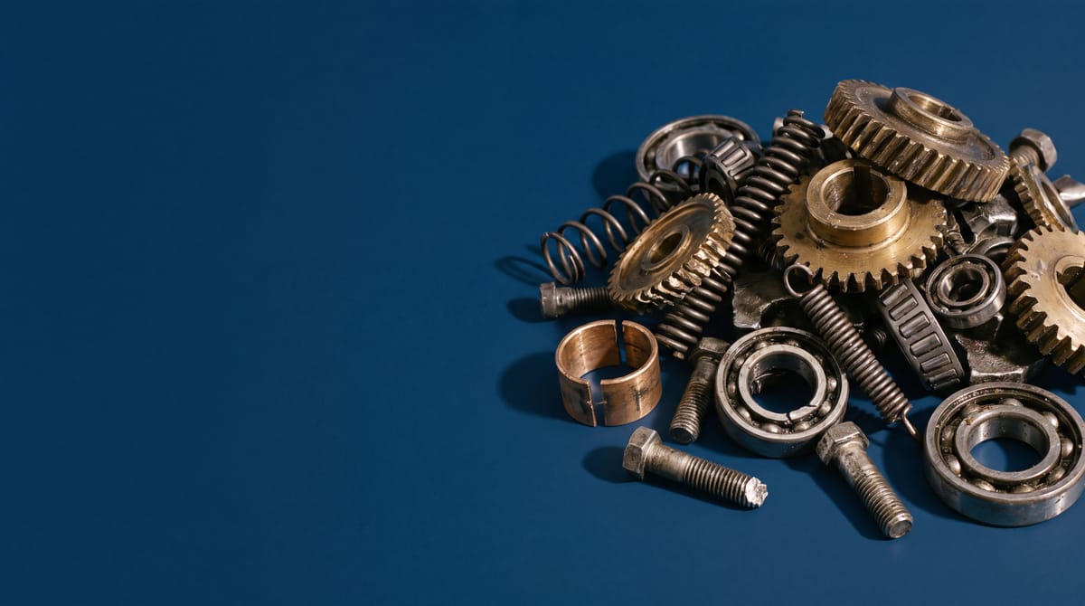 A heap of worn-out machine parts on a deep blue surface: chipped brass gears, snapped springs, cracked bearings and sheared bolts