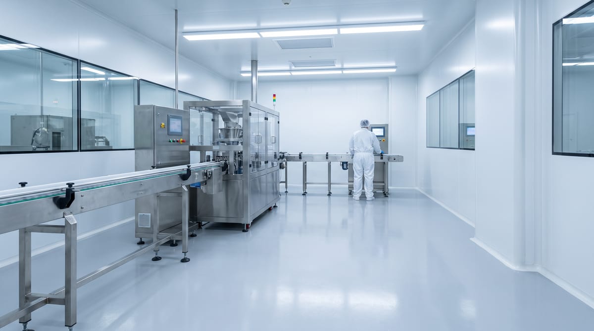 A supplement manufacturing cleanroom with stainless steel encapsulation equipment and one gowned operator