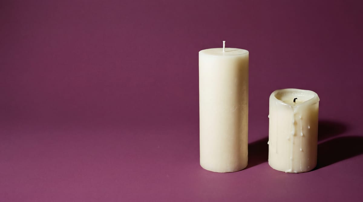 Two unlit ivory candles on a deep plum surface, one whole and one burned down to half its height with the wax run down its side