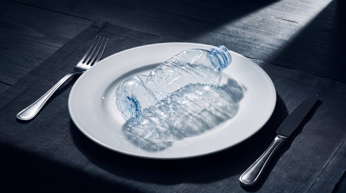A crushed plastic water bottle on a white dinner plate, set with a knife and fork