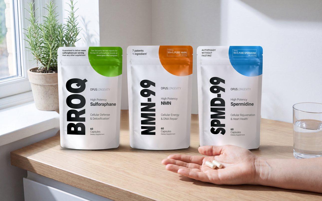 BROQ, NMN-99 and SPMD-99 side by side on a kitchen counter, with two capsules in an open hand