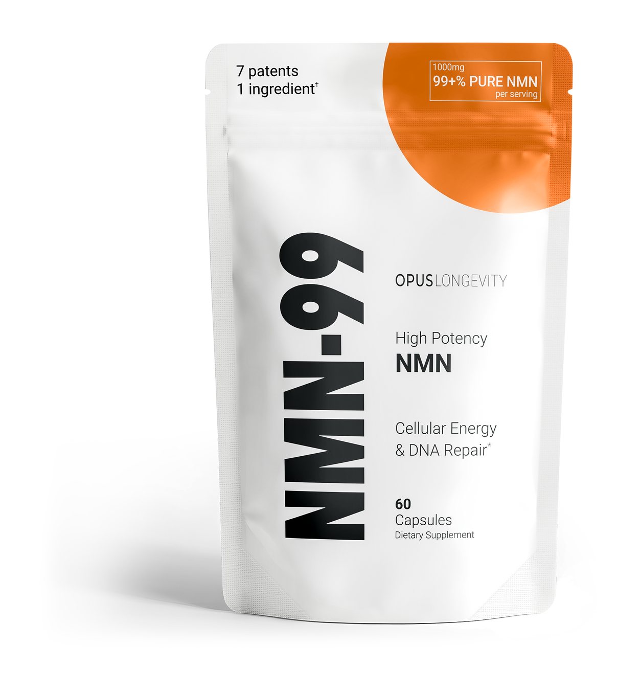 The NMN-99 package: white with a warm amber arc, 1,000 mg of 99+% pure beta-NMN per serving, 60 capsules