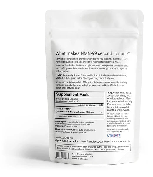 Back of the NMN-99 package showing the Supplement Facts panel: 2 capsules per serving, 30 servings, Uthever NMN 1000 mg