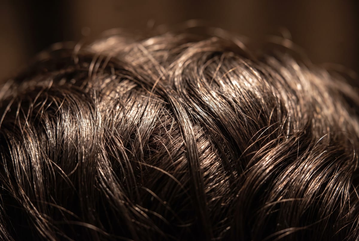 Dense, thick hair in extreme close-up, strands catching the light as they emerge from the scalp