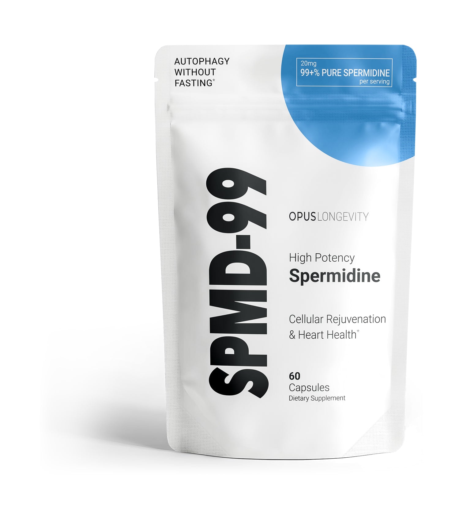 The SPMD-99 package: 20 mg per serving of 99+% pure spermidine, 60 capsules