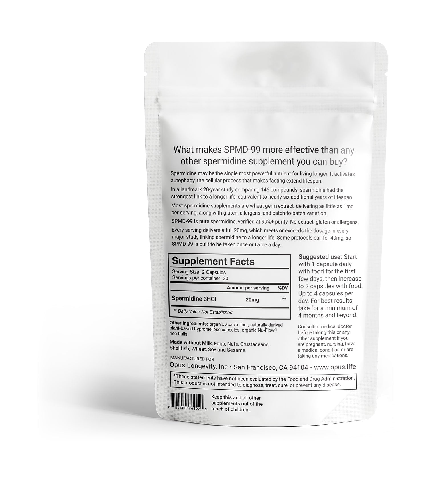 Back of the SPMD-99 package showing Supplement Facts: 2 capsules per serving, 30 servings, 20 mg spermidine 3HCl